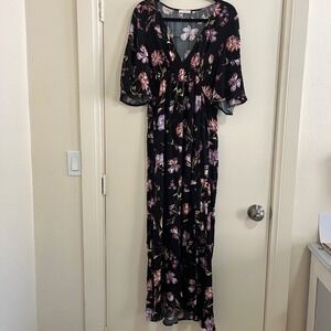 Lovestitch Womens Floral Babydoll Maxi Dress Sz L Y2K Whimsigoth Dark Romantic.